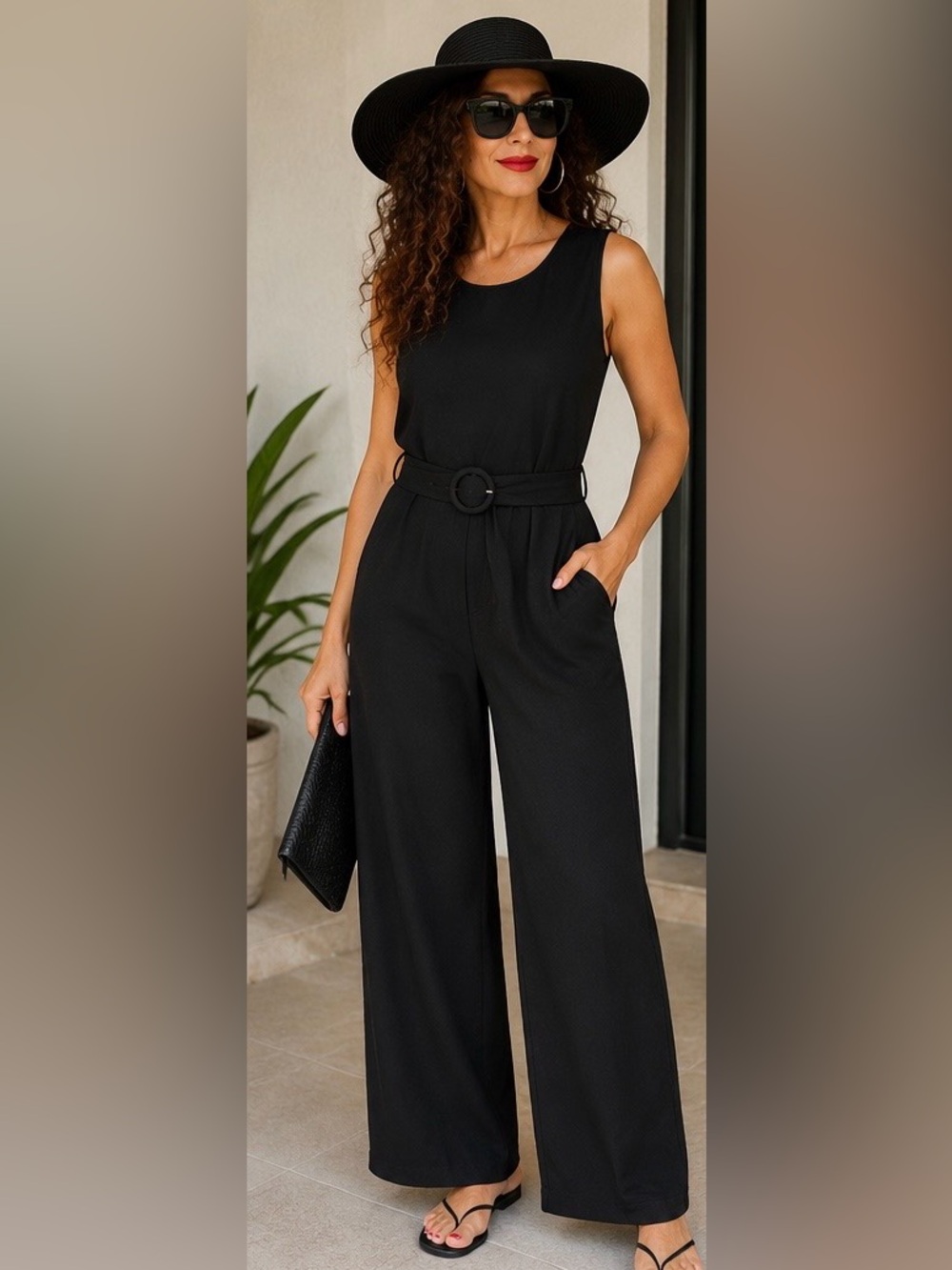LOFT Black Linen Blend Wide Leg Jumpsuit Romper Belted Size 10